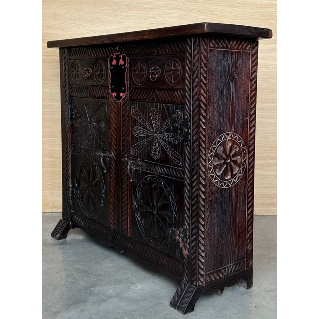 20th Spanish Baroque Carved Walnut Tuscan Two Drawers Credenza or Buffet For Sale - Image 6 of 10