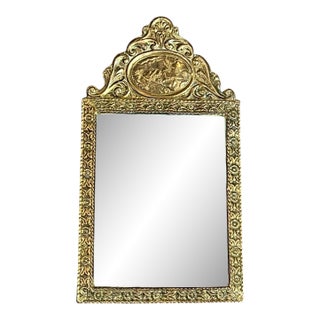 Antique 19th C Dutch Repousse Brass Beveled Glass Wall Mirror-Victorian-Gold For Sale