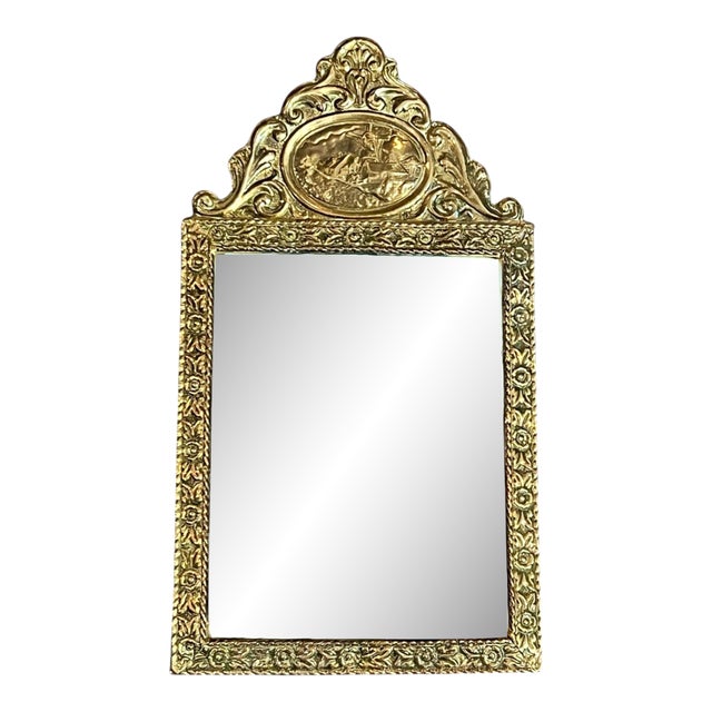 Antique 19th C Dutch Repousse Brass Beveled Glass Wall Mirror-Victorian-Gold For Sale