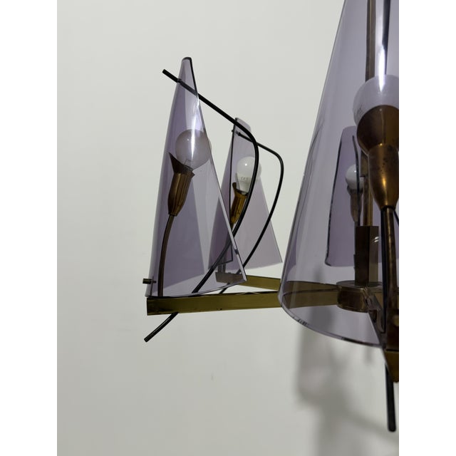 Metal Brass and Purple Acrylic Glass Chandelier in the style of Stilux Milano, 1960s For Sale - Image 7 of 14