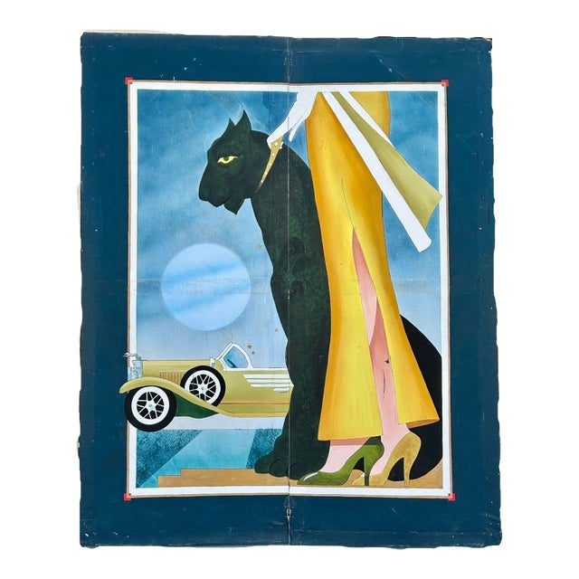 1980s Hand Painted Art Deco Damsel & Panther Oil on Canvas Screen For Sale
