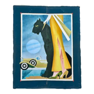 1980s Hand Painted Art Deco Damsel & Panther Oil on Canvas Screen
