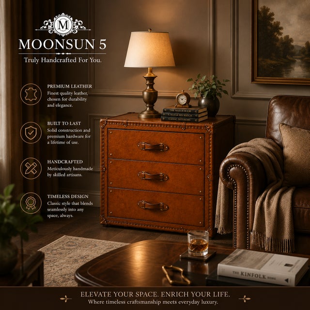 Luxury Tan Leather 3 Drawer Console, Handmade Leather Chest of Drawers, Vintage Trunk Style Nightstand, Brass Studded Storage Cabinet For Sale - Image 11 of 12