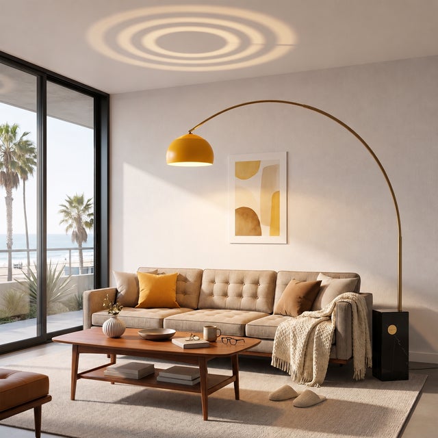Mid-Century Modern Iconic 95" Arc Floor Lamp - Weathered Brass, Mustard Shade, Black Marble Base For Sale - Image 3 of 8