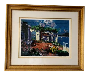 2000s "Terrace by the Sea" Landscape Limited Edition Serigraph by Barbara McCann, Framed