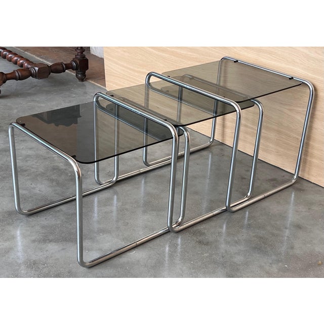 Mid 20th Century Cantilevered Chrome & Glass Nesting Tables with Fume Glasses For Sale - Image 13 of 18
