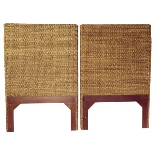 Woven Rattan and Teak Headboards - Pair For Sale