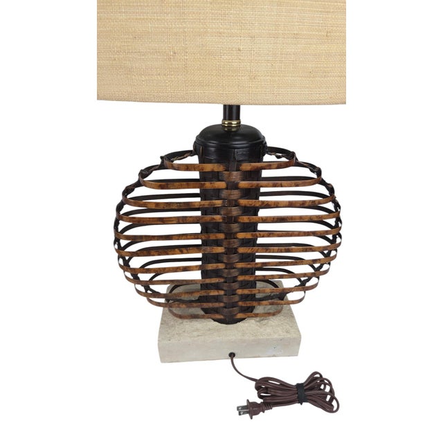 Palecek Woven Rattan & Bamboo Orb Table Lamps With Plaster Bases and Raffia Shades — A Pair For Sale In Chicago - Image 6 of 10