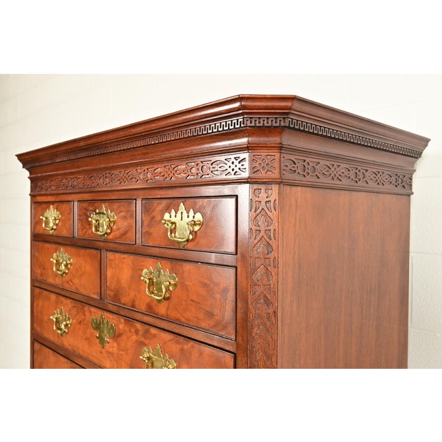 Brown Baker Furniture Historic Charleston Chippendale Carved Mahogany and Burl Wood Eleven-Drawer Highboy Dresser For Sale - Image 8 of 14