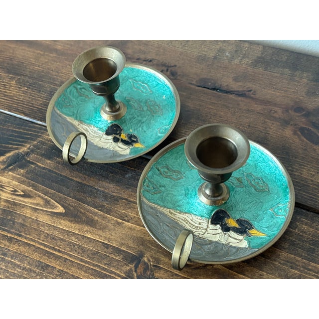 Vintage Enameled Candlestick Holders With Duck Motif For Sale - Image 6 of 6