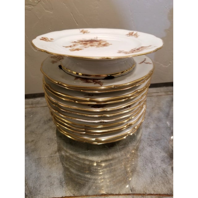 Beautiful antique brown and white floral decorated 8.75" plates and 1 cake stand. There are 12 plates. The gold is a...