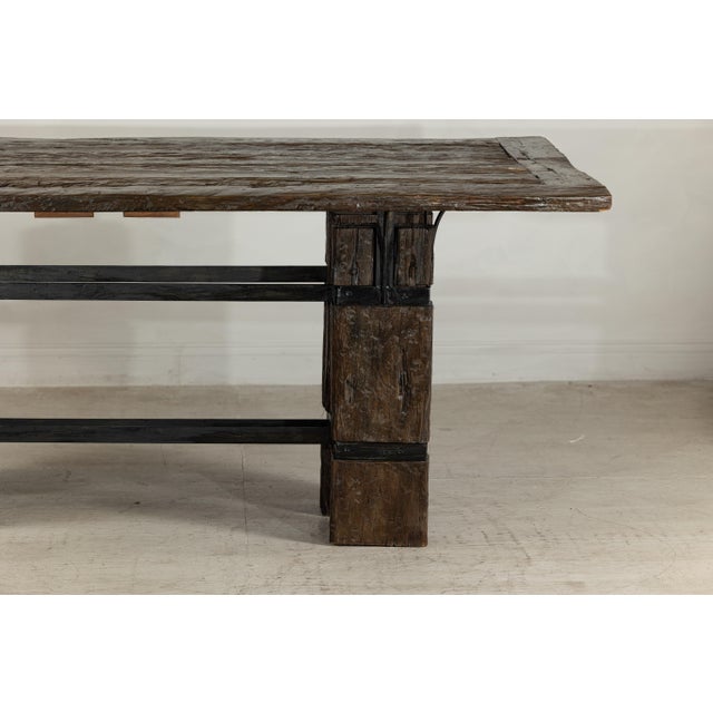 Vintage Rustic Reclaimed Teak Table with Distressed Top and Metal Base For Sale - Image 12 of 12
