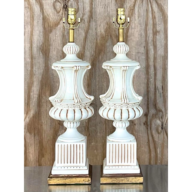 Vintage Italian Neoclassical Glazed Ceramic Urn Table Lamps – A Pair For Sale - Image 10 of 12