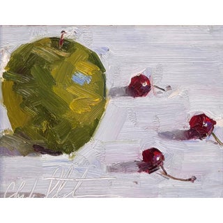 Apples and Cherries by Clyde Steadman | Oil Painting of an apple and cherries on a surface For Sale