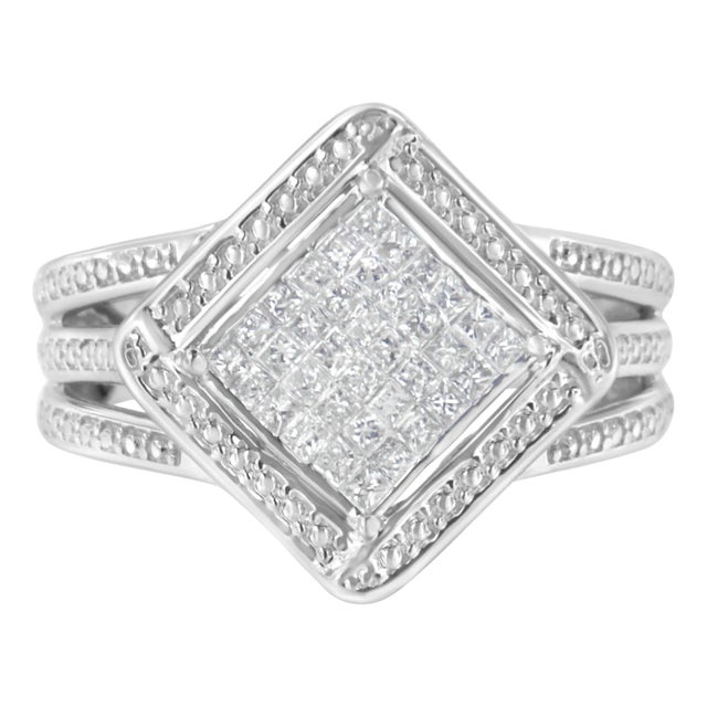 .925 Sterling Silver 2/5 Cttw Princess Cut Diamond Square On Point Cluster Composite Cocktail Ring (H-I Color, SI1-SI2 Clarity) - Size 7-1/4 For Sale