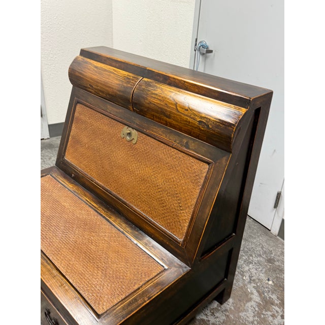 Wood Asian Wooden Storage Bench + Cane Panels, Vintage For Sale - Image 7 of 12