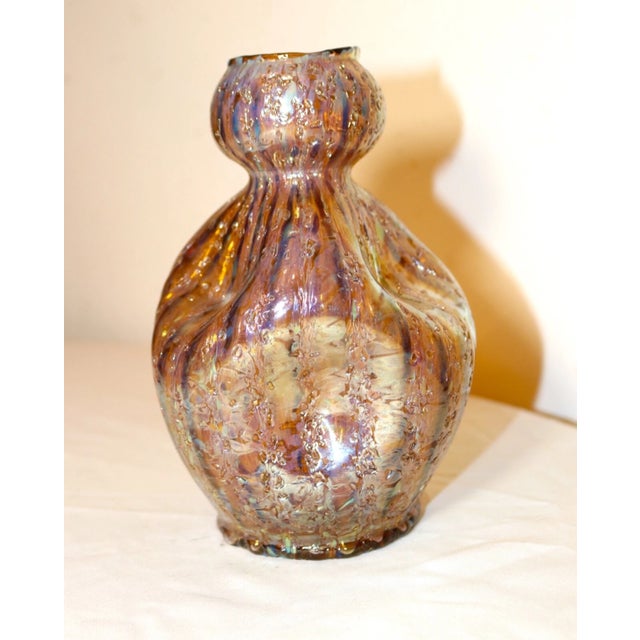 Art Deco Vintage Dugan Frit Hand Blown Iridescent Art Studio Glass Textured Dimple Vase For Sale - Image 3 of 10