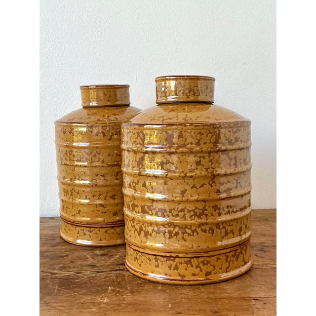 Mid-Century Modern Vintage Glazed Ceramic Ribbed Lidded Urns - A Pair For Sale - Image 3 of 12