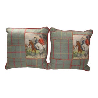 Vintage Hunting Scene With Herringbone & Plaid Pattern Throw Pillows- a Pair For Sale