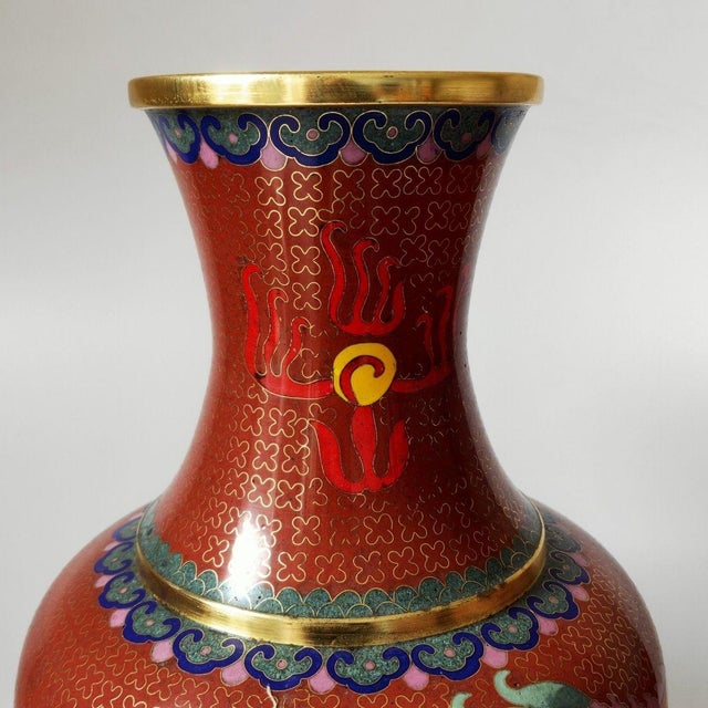 Vintage Cloisonné Enamel Dragon Vase – Red Ground, Gilt Accents, With Stand & Box For Sale In Los Angeles - Image 6 of 9