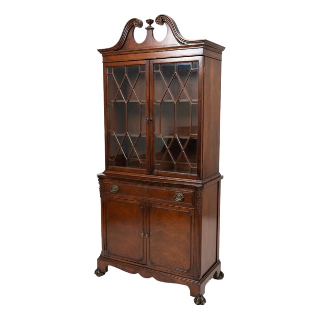 Vintage Mahogany China Cabinet With Leaded Glass Doors and Broken Pediment For Sale