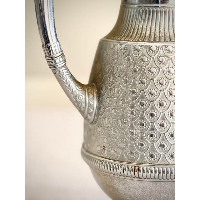 Mid 20th Century Antique Traditional Quadruple Silver Plated Pitcher With Embossed Peacock Feather Pattern by James Tufts Boston For Sale - Image 5 of 11