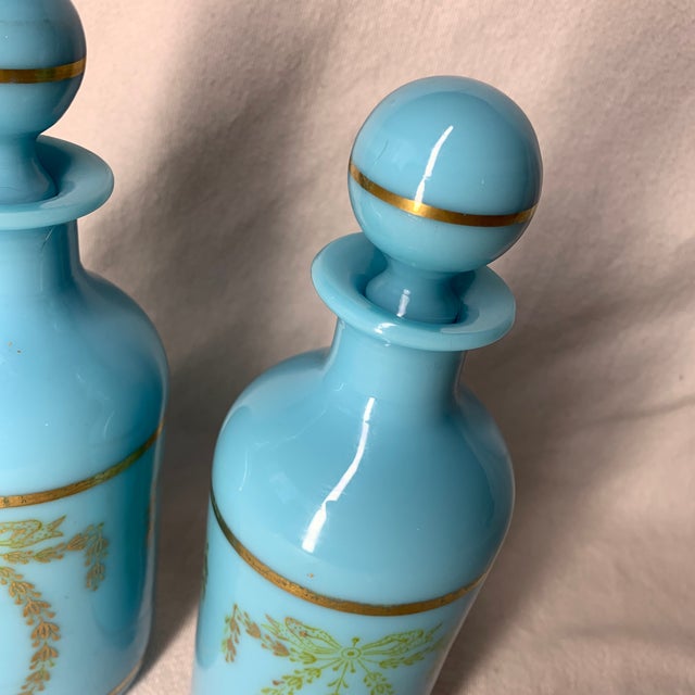 1920s Vintage French Portieux Vallerysthal Blue Opaline Glass Vanity Bottles - Pair For Sale - Image 5 of 6