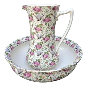 Early Crown Ducal Ivory Chintz Water Pitcher & Basin - 2 Pieces