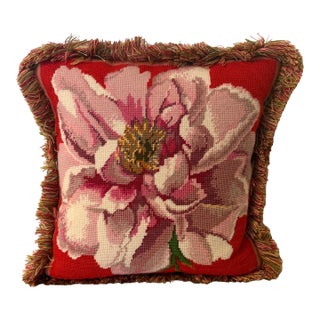 Hand Embroidered Wool & Linen Feather Floral Pillow For Sale