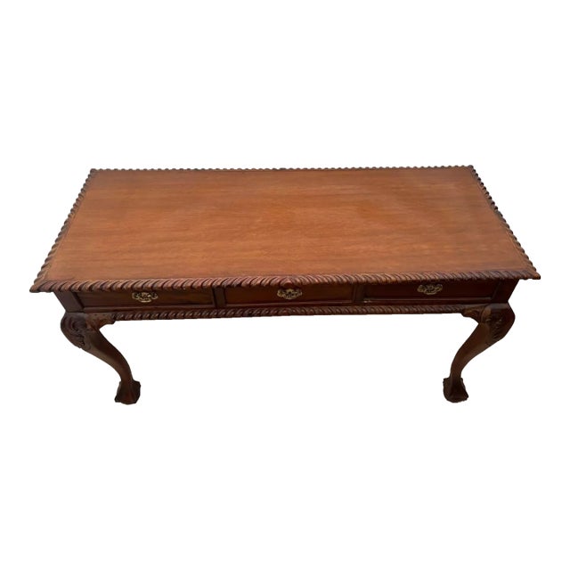 1920s Antique Chippendale Sofa Table Console Carved Ball Claw Legs Three Drawers For Sale