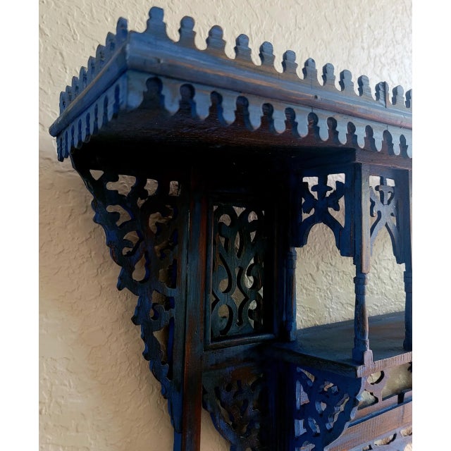 Wood 1980s Vintage Moroccan Musharabi Blue Wooden Wall Shelf For Sale - Image 7 of 9