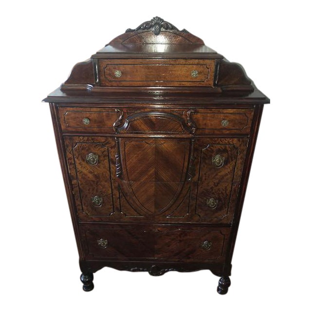 Antique 1930's Burled Walnut Dresser Chest Bureau With Mounted Glove