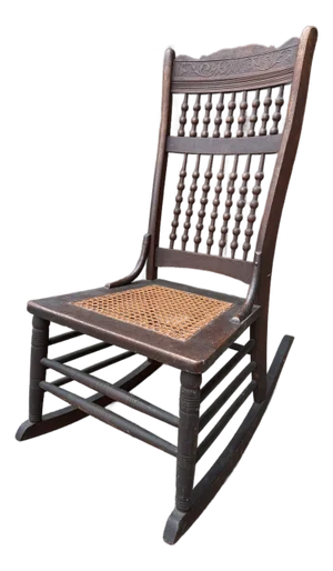 Early 20th/Late 19th Century Victorian Rocking Chair With Spindle Back and Cane Seat