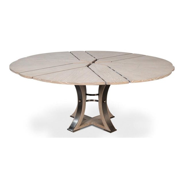 Industrial Transitional Round Dining Table, Medium - Grey Oak With Hammered Iron Accents For Sale - Image 3 of 11