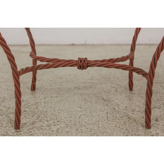 Red Pair Rope Twist Iron Benches W. Tropical Upholstery For Sale - Image 8 of 13