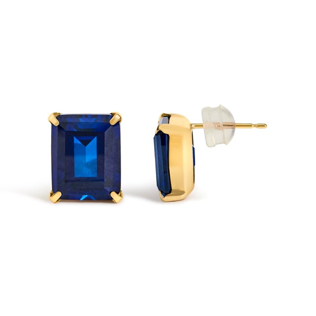 Haus of Brilliance 18K Yellow Gold 10x8 MM Lab Created Blue Sapphire Emerald Cut Solitaire Stud Earrings, Pair For Sale - Image 4 of 4