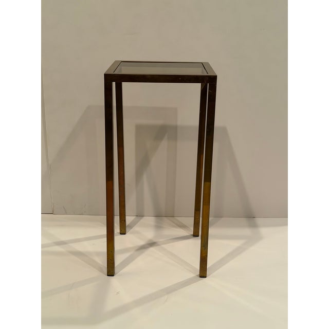 Midcentury Modern Tall Aged Brass & Smokey Glass End Tables or Stands -a Pair For Sale - Image 9 of 14