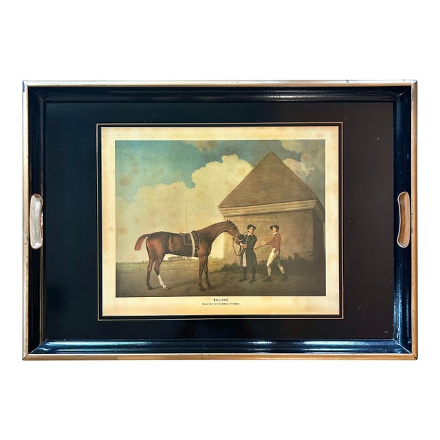 Vintage Abercrombie & Fitch English Black Lacquer Wood Serving Tray With George Stubbs “Eclipse” Equestrian Print For Sale