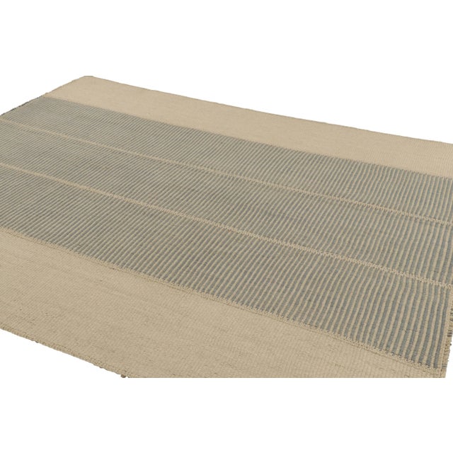 Rug & Kilim Rug & Kilim’s Contemporary Kilim With Textural Beige and Ice Blue Stripes For Sale - Image 4 of 8
