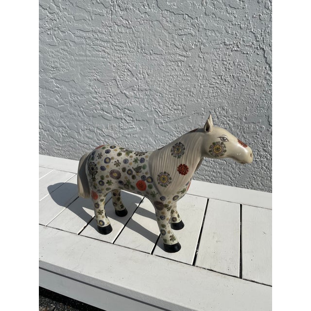 Vintage Chinese Porcelain Horse Figurine With Floral Motif & Red Seal Mark For Sale - Image 9 of 10