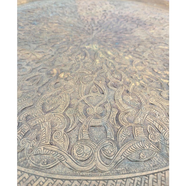 1980s Vintage Moroccan Hand-Carved Wooden Musharabia Coffee Table With Engraved Brass/Copper Tray Top For Sale - Image 5 of 8
