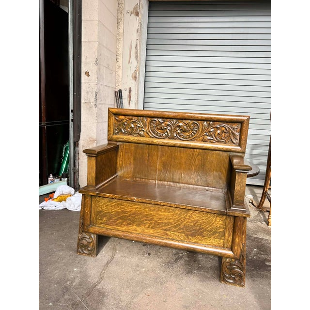 Brown Antique William Morris Style English Arts & Crafts Movement Oak Carved High Back Monk's Bench For Sale - Image 8 of 11