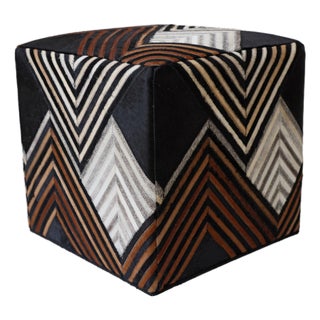 Handmade Chevron Cowhide Leather Ottoman Pouf 18x18x18 in Graphic Statement For Sale