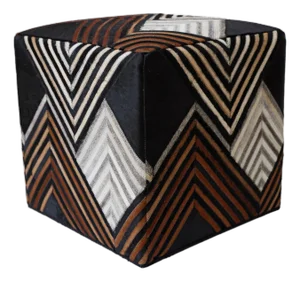 Handmade Chevron Cowhide Leather Ottoman Pouf 18x18x18 in Graphic Statement