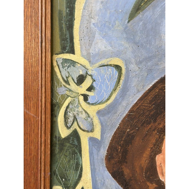 Vintage Modernist Portrait With Figure Encircled With Plants, Dated 1954 For Sale - Image 13 of 14
