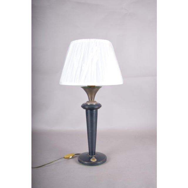 Navy Blue Leather and Brass Table Lamp with Pleated Shade, 1950s For Sale - Image 4 of 18