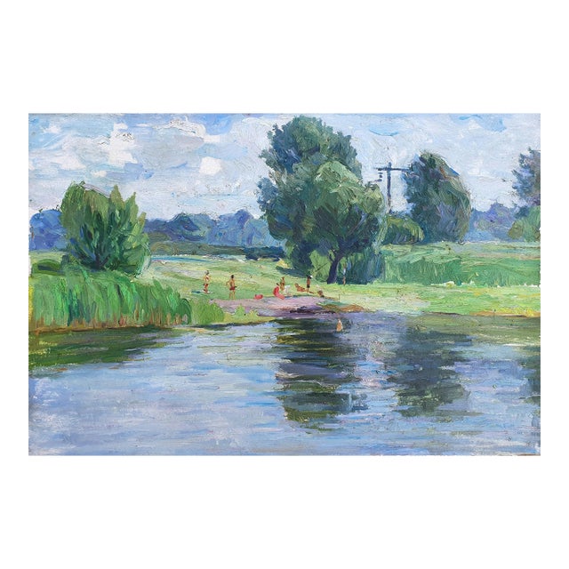 1970s Impressionism River Landscape Painting, Original Ukrainian Art 50-73,5 For Sale