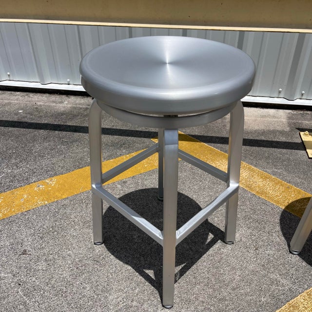 Industrial Style Brushed Aluminum Swivel Bar Stools by Crate & Barrel. A Pair For Sale - Image 11 of 12