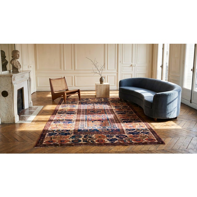 1870s Blue Geometric Tribal Antique Persian Kurdish Sanjabi Rug 5' X 6'6" Hand Made Wool Carpet For Sale - Image 10 of 11