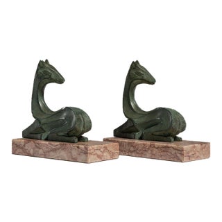 Pair of 1920s French Forest Green Art Deco Signed Figures on Marble Bases For Sale
